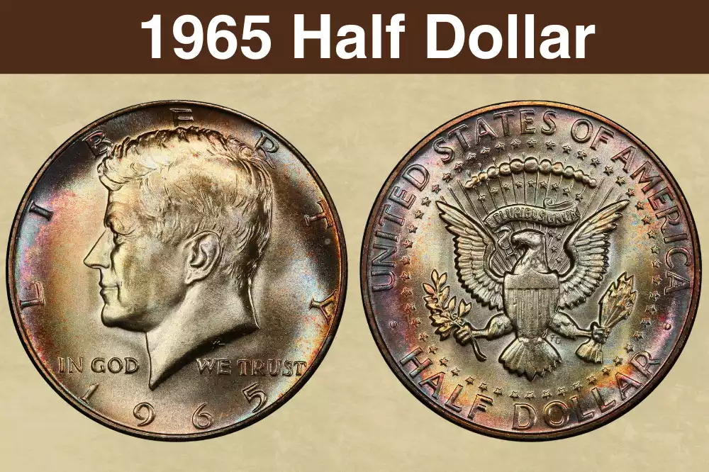 1965 Kennedy Half Dollar obverse and reverse showing 40% silver clad coin in uncirculated condition