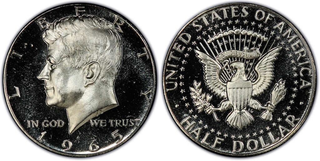 Side-by-side comparison of standard 1965 SMS Kennedy half dollar versus SMS Deep Cameo showing frosted devices over mirror fields