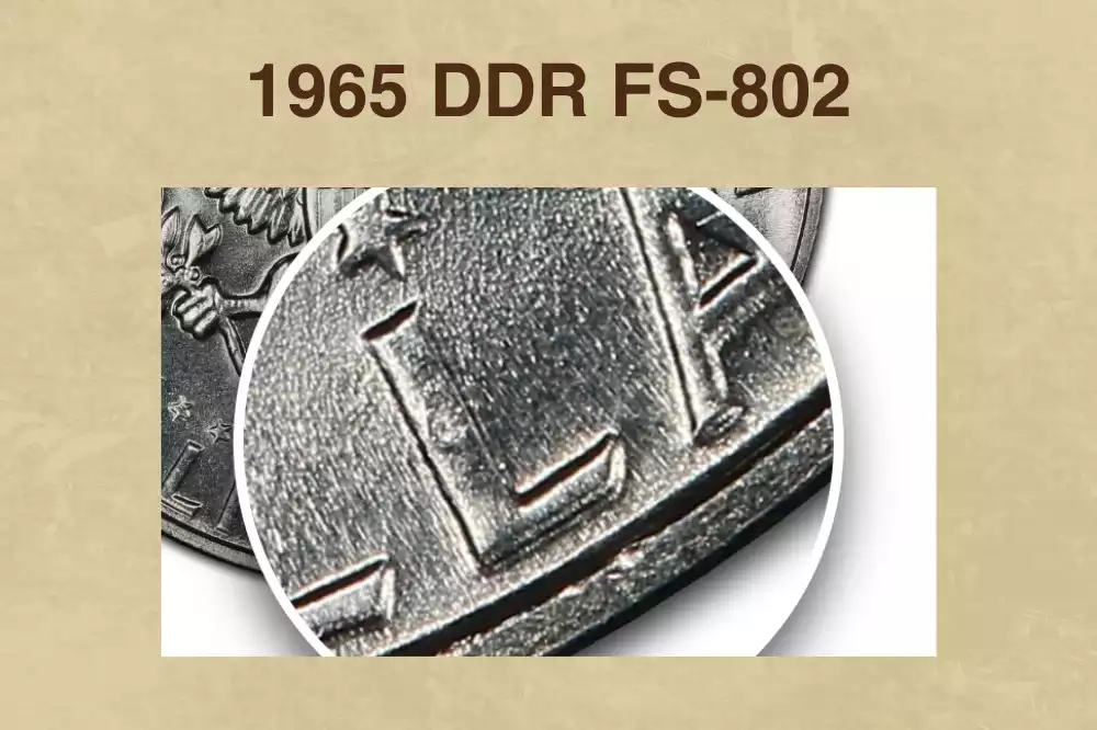 1965 Kennedy half dollar DDR FS-802 doubled die reverse showing diagnostic die gouge near star below letter A in STATES