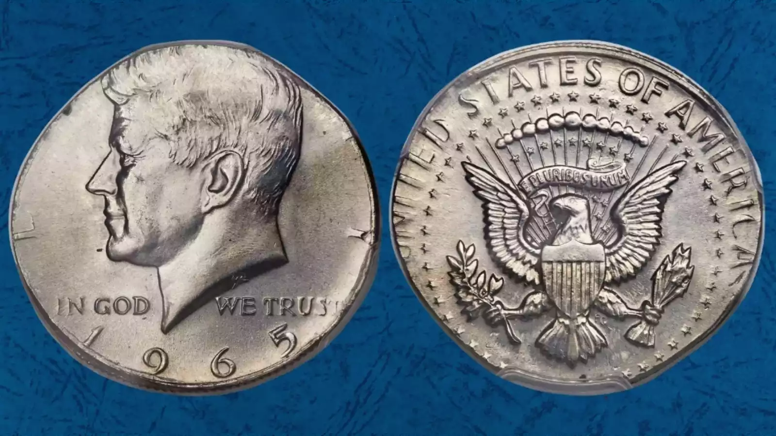 1965 Kennedy half dollar wrong planchet error showing smaller quarter-size planchet with design cut off at edges