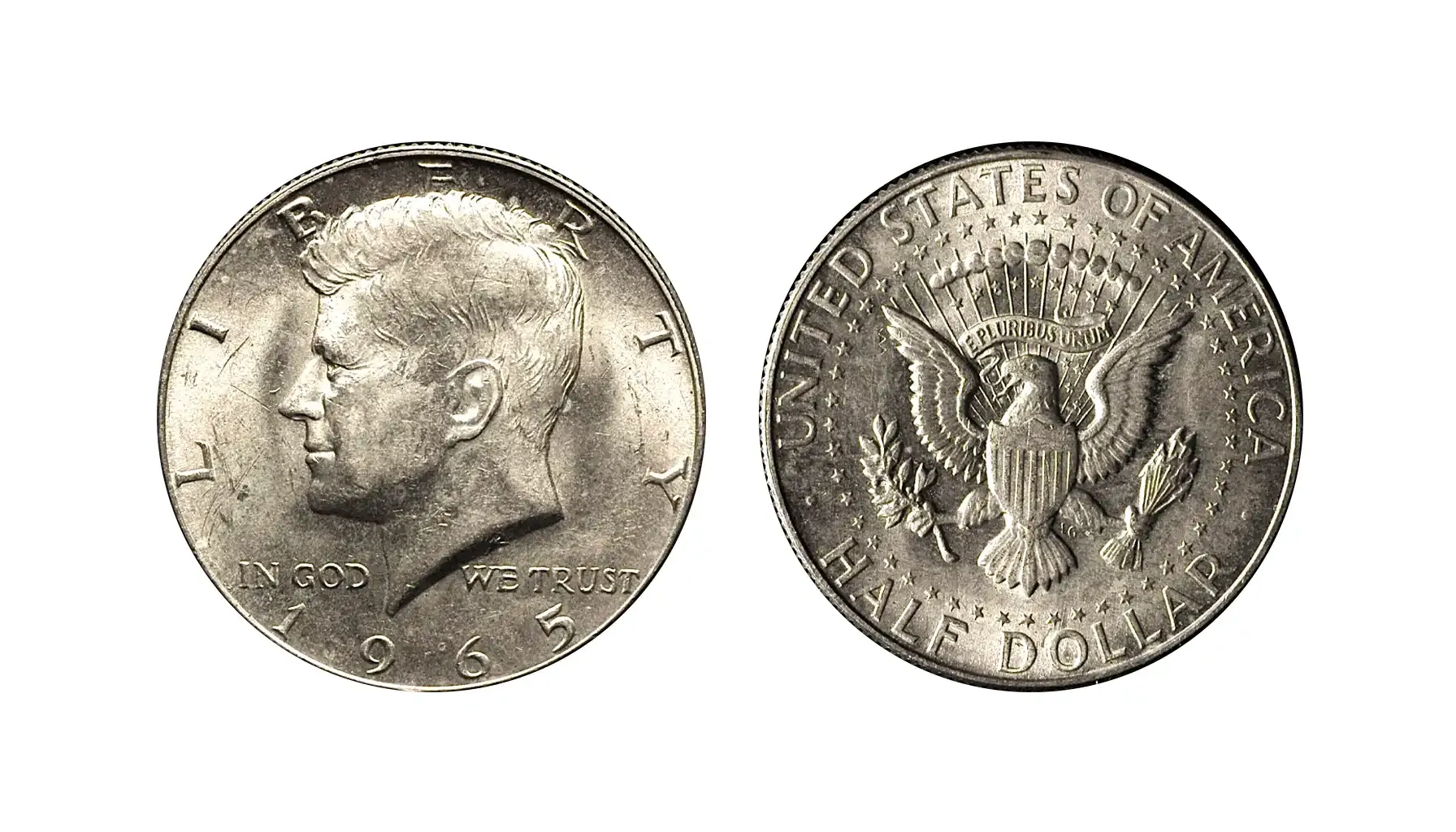 1965 Kennedy half dollar grading strip showing four condition tiers from worn circulated to gem uncirculated MS-66